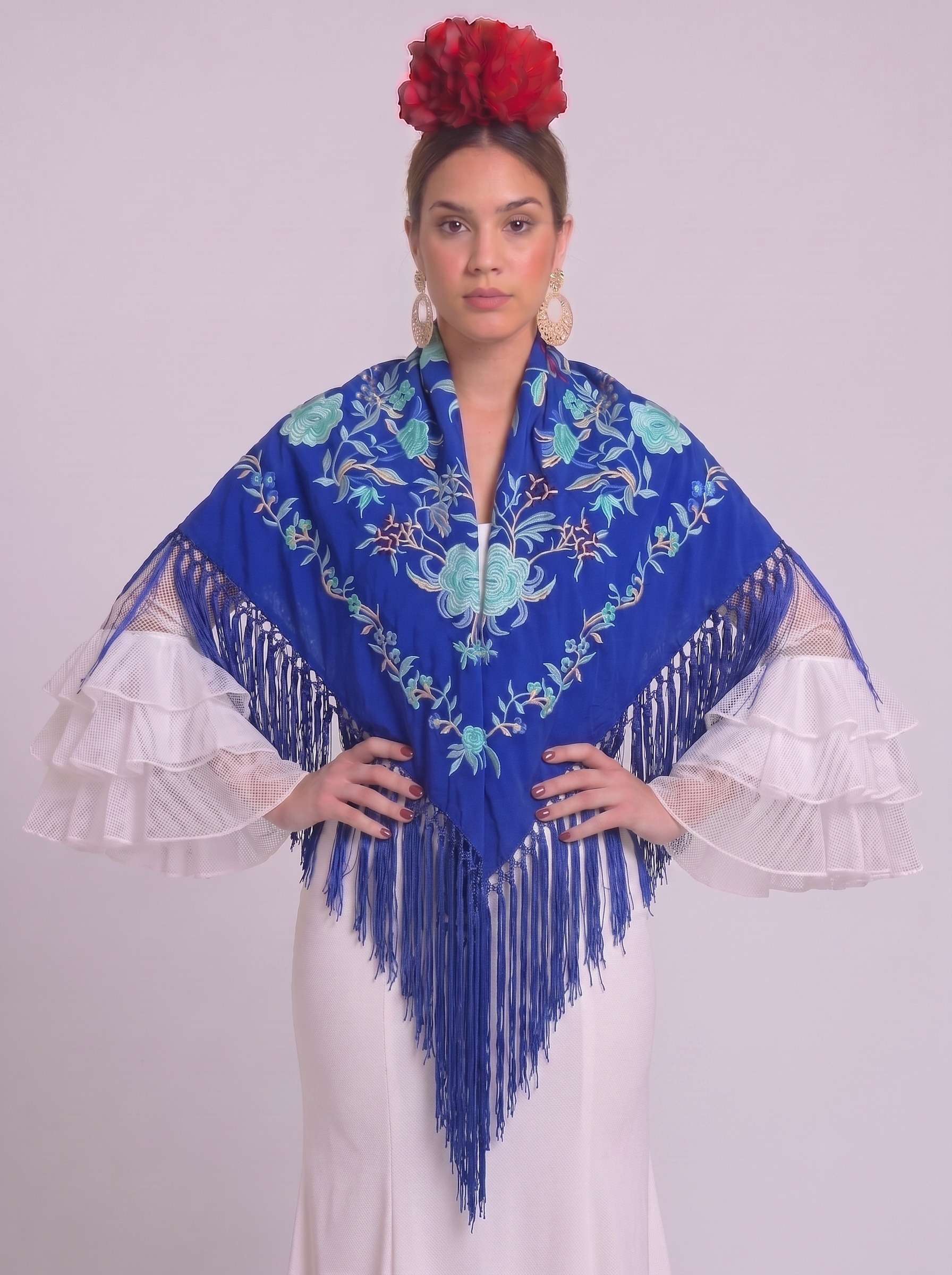 Mantón algodón reyes azulina bordado azul - Lunares del Este