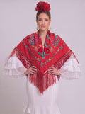 Mantón algodón rocio coral bordado rojo - Lunares del Este