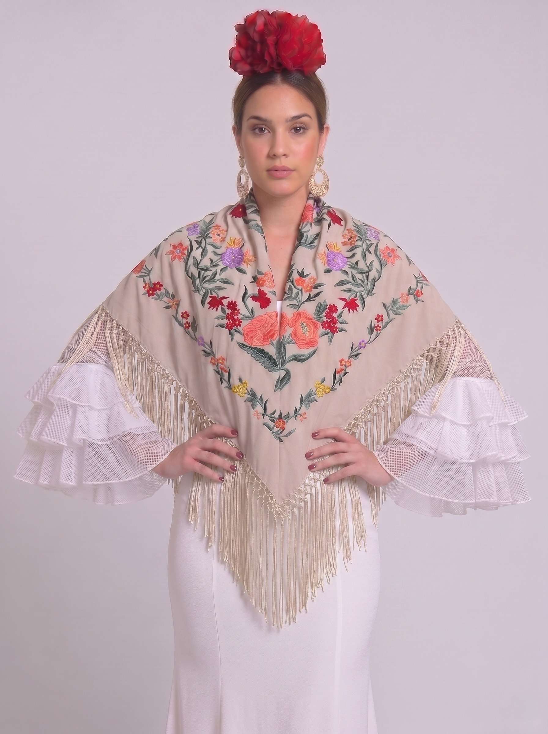 Mantón algodón rocio beige topo bordado coral - Lunares del Este