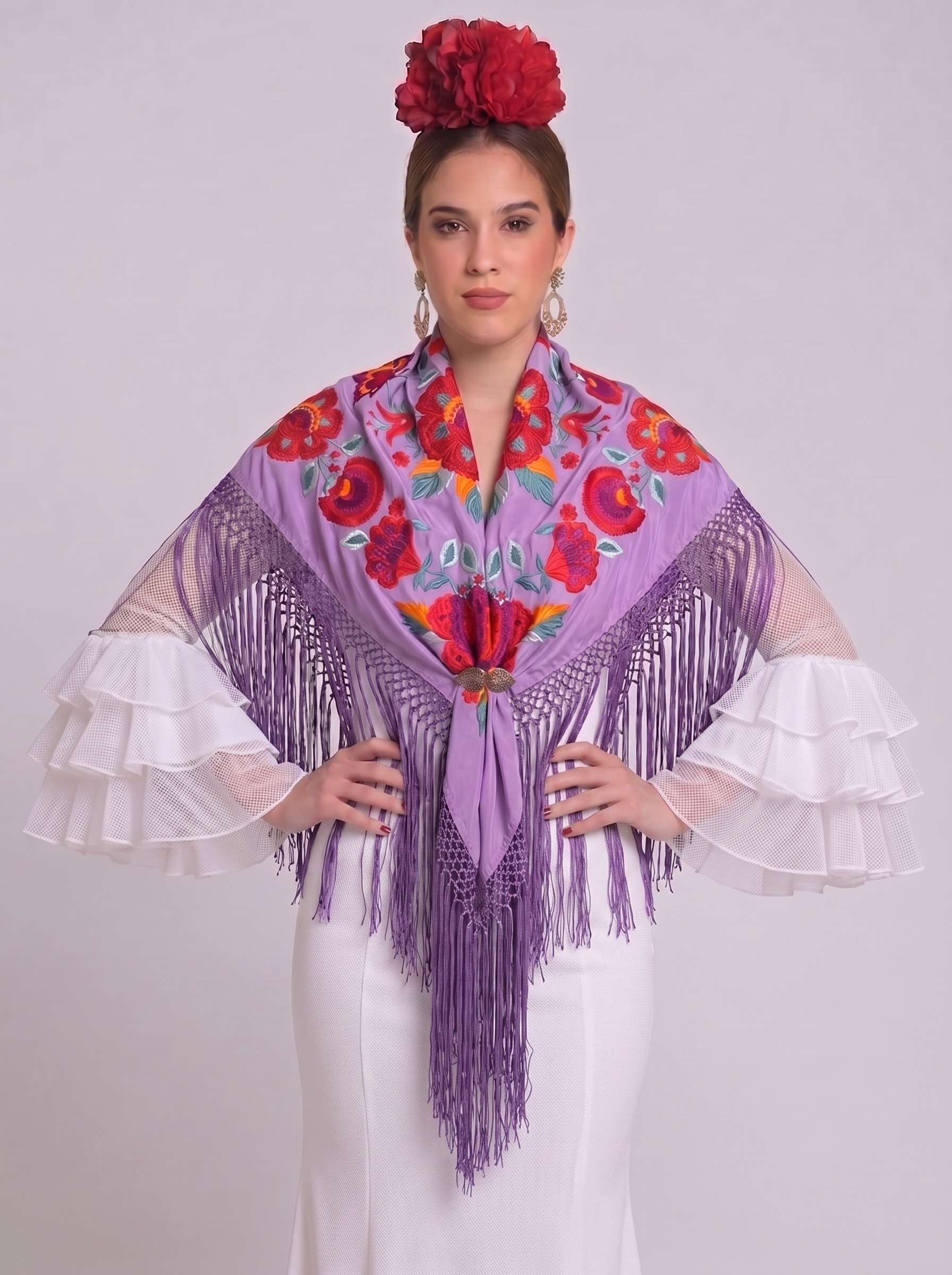 Manton seda araceli lila bordado rojo - Lunares del Este
