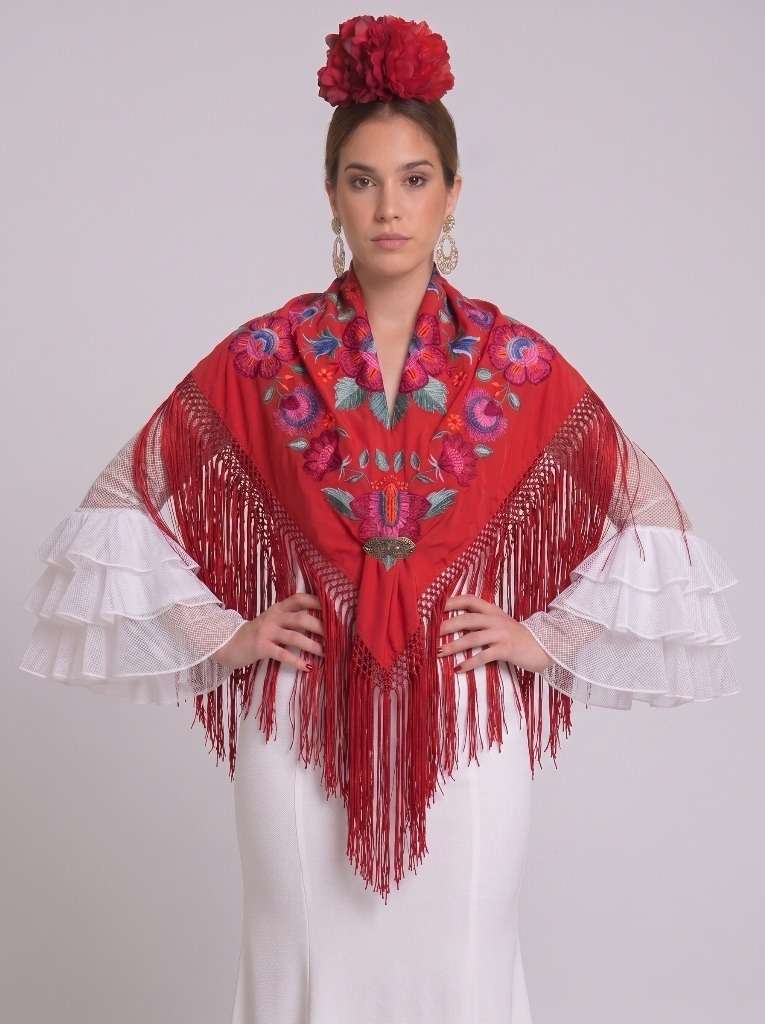 Mantón seda valeria rojo bordado buganvilla - Lunares del Este