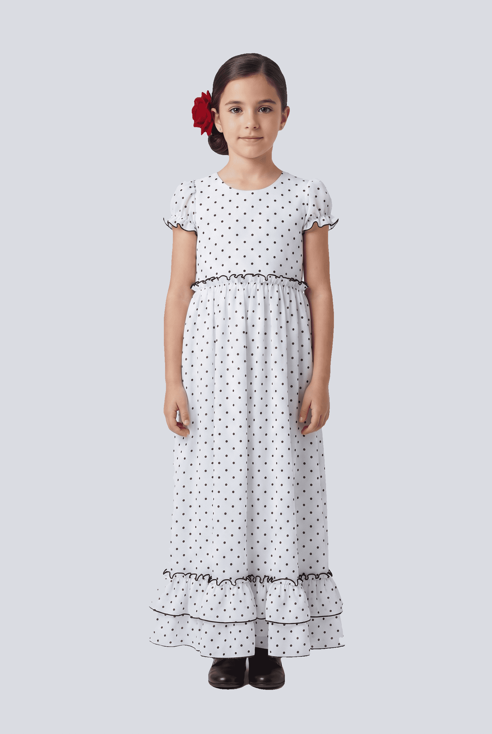 Traje flamenca niña gris lunar largo - Lunares del Este