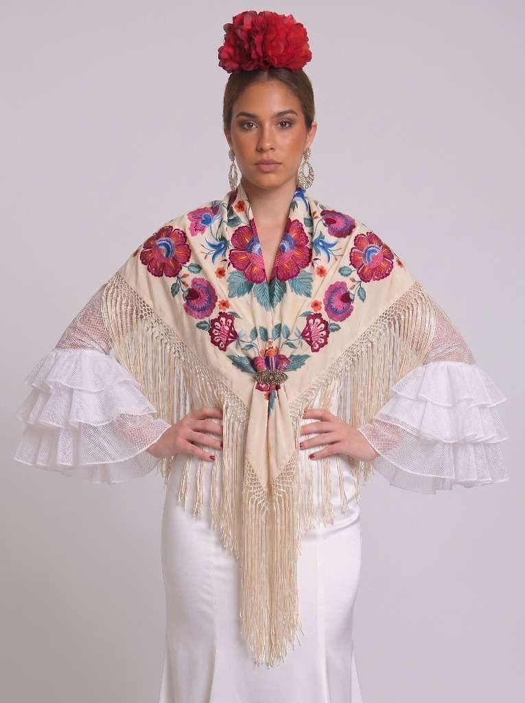 Mantón seda valeria beige bordado buganvilla - Lunares del Este