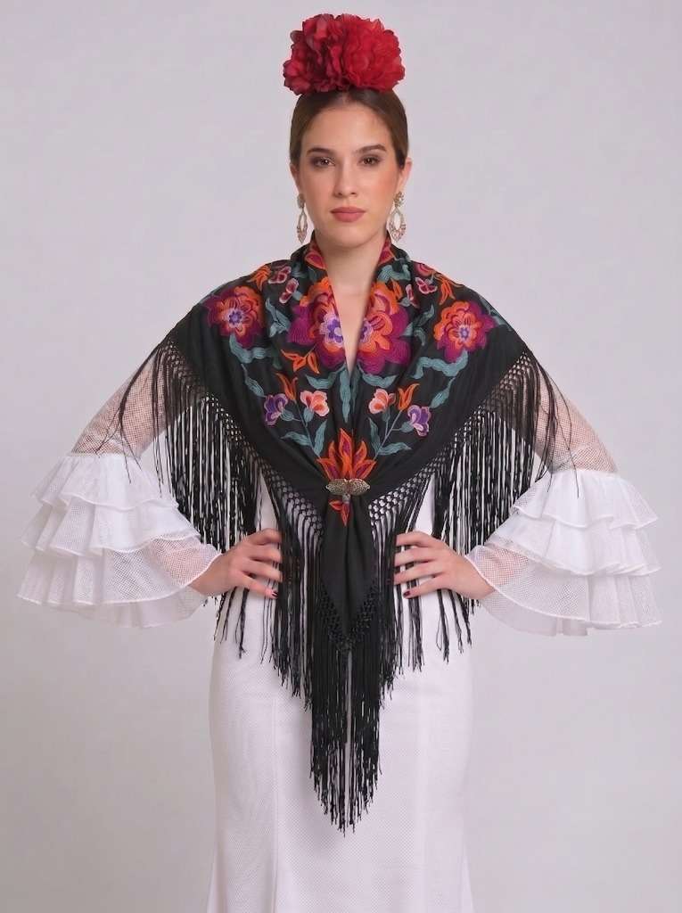 Mantón seda valentina negro bordado buganvilla - Lunares del Este