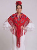 Mantón seda valentina rojo bordado buganvilla - Lunares del Este