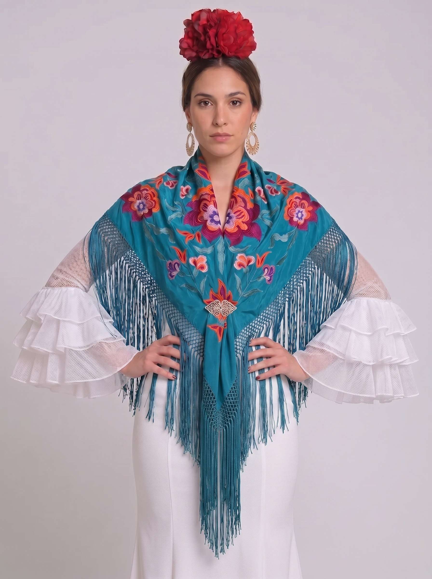 Mantón seda valentina azul petroleo bordado buganvilla - Lunares del Este
