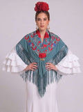 Mantón seda raquel esmeralda bordado rojo - Lunares del Este
