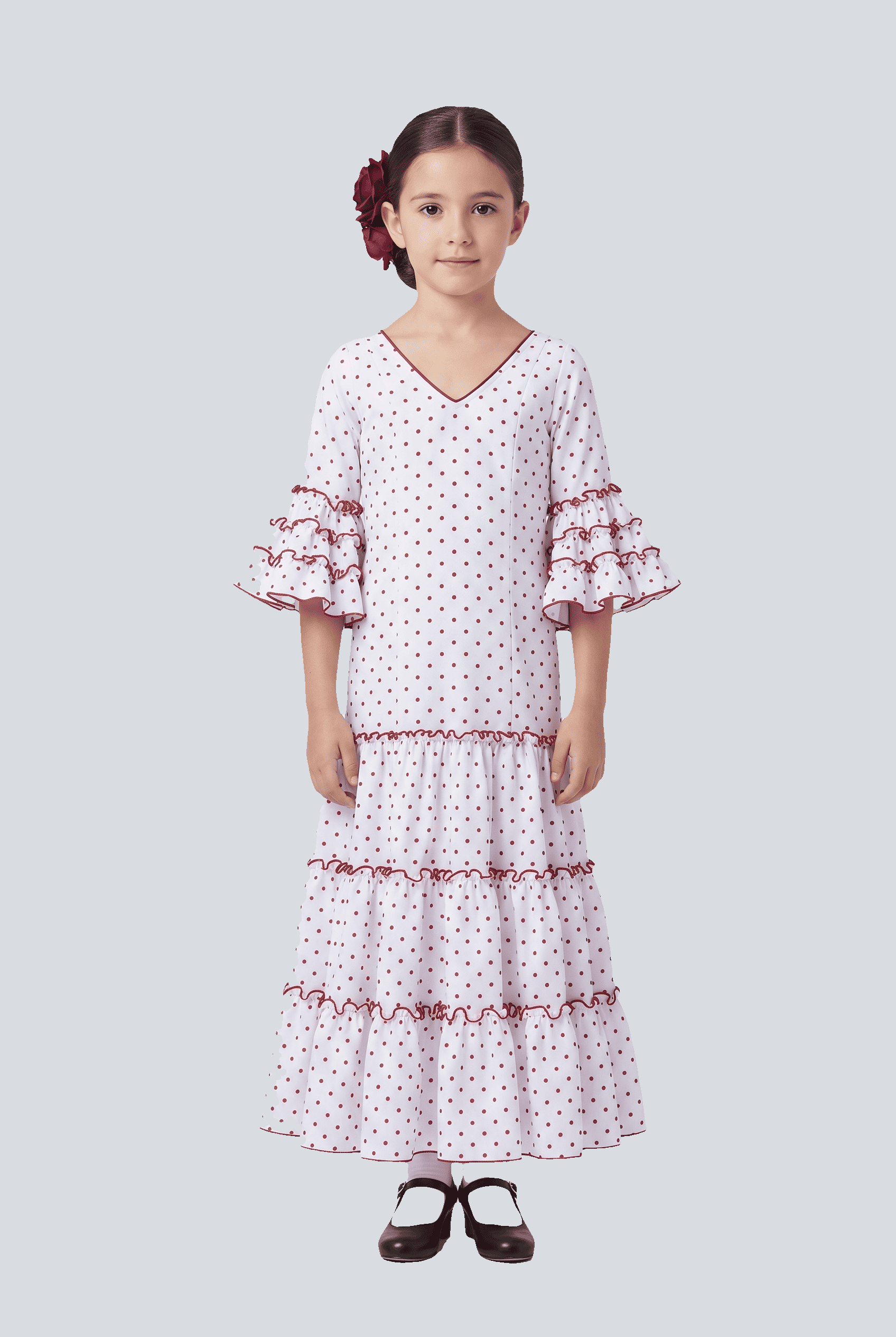 Traje flamenca niña blanco lunar granate - Lunares del Este