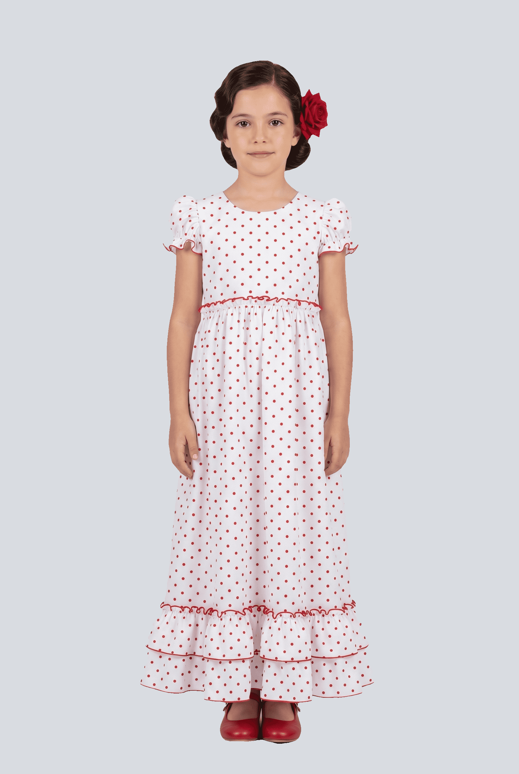 Traje flamenca niña blanco lunar rojo farol - Lunares del Este