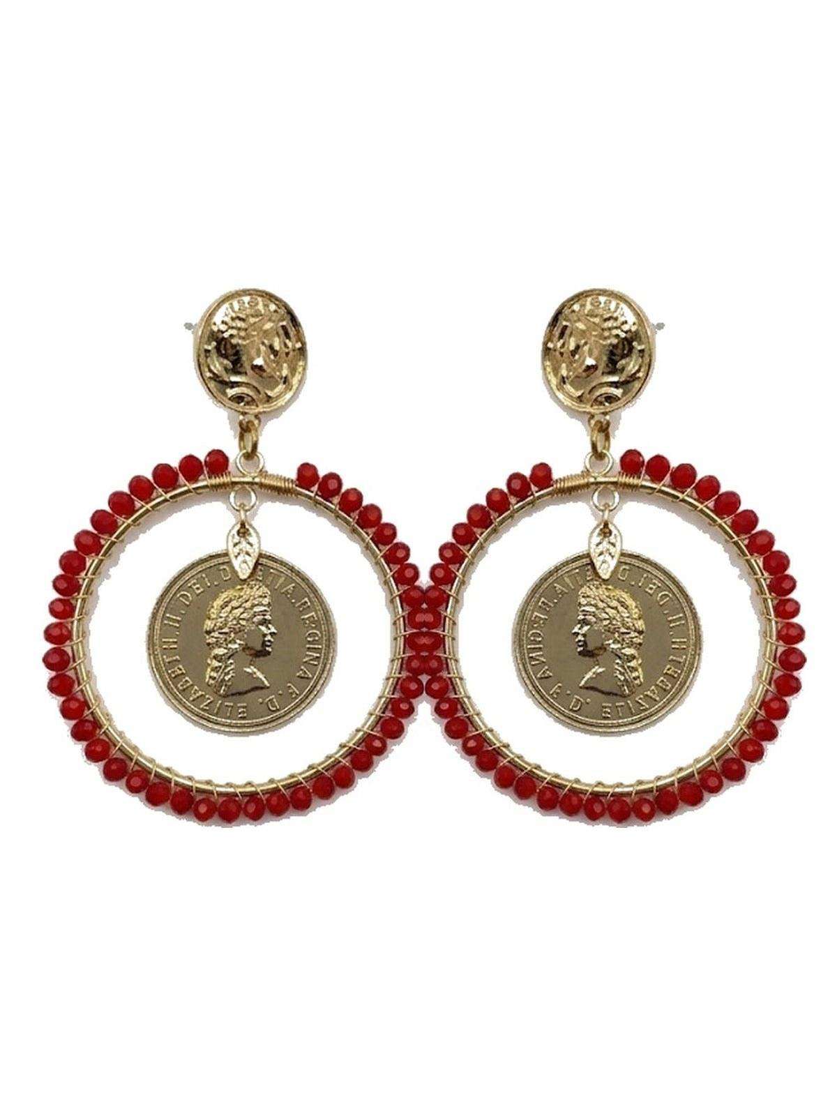 Pendiente aro moneda rojo - Lunares del Este