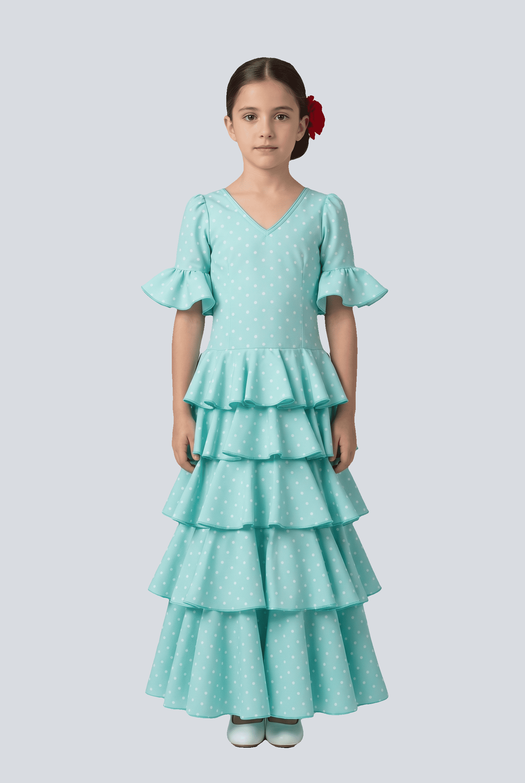 Traje flamenca 5 volantes niña verde agua lunar blanco - Lunares del Este