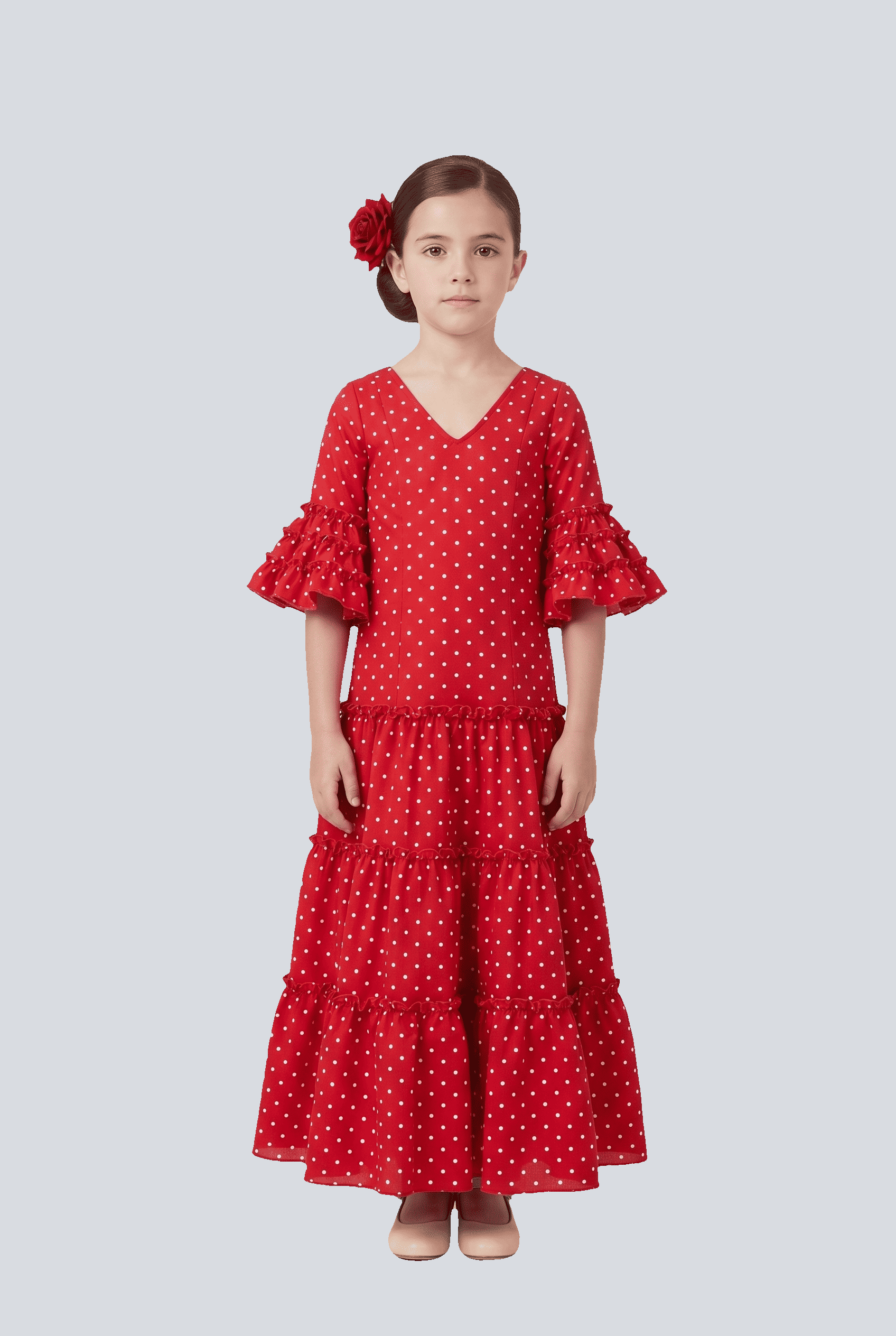 Traje flamenca rocio niña blanco lunar rojo - Lunares del Este