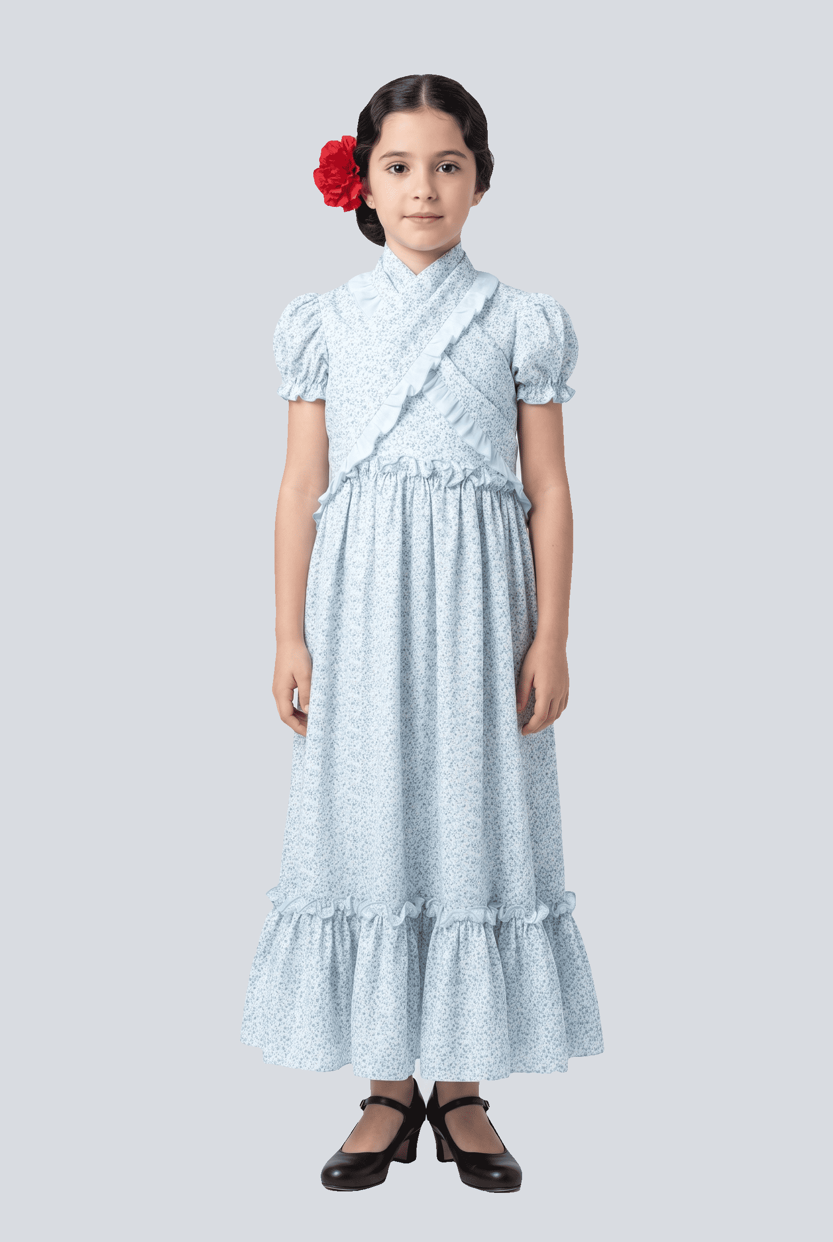 Traje flamenca nuria niña blanco flores celeste - Lunares del Este