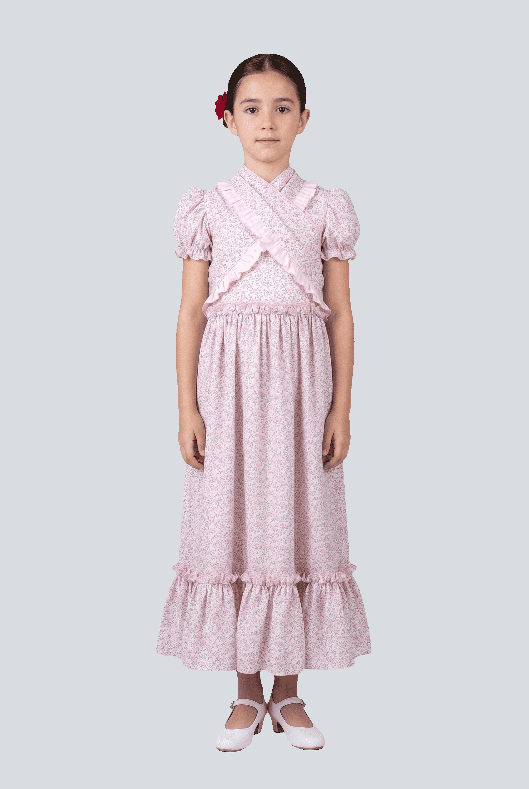 Traje flamenca nuria niña blanco flores rosa - Lunares del Este