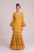 Traje flamenca cordoba mostaza lunar negro - Lunares del Este