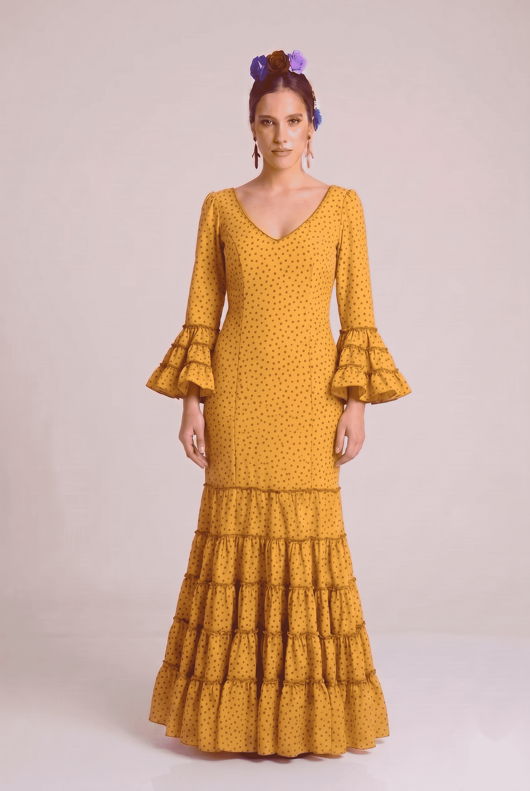 Traje flamenca cordoba mostaza lunar negro - Lunares del Este