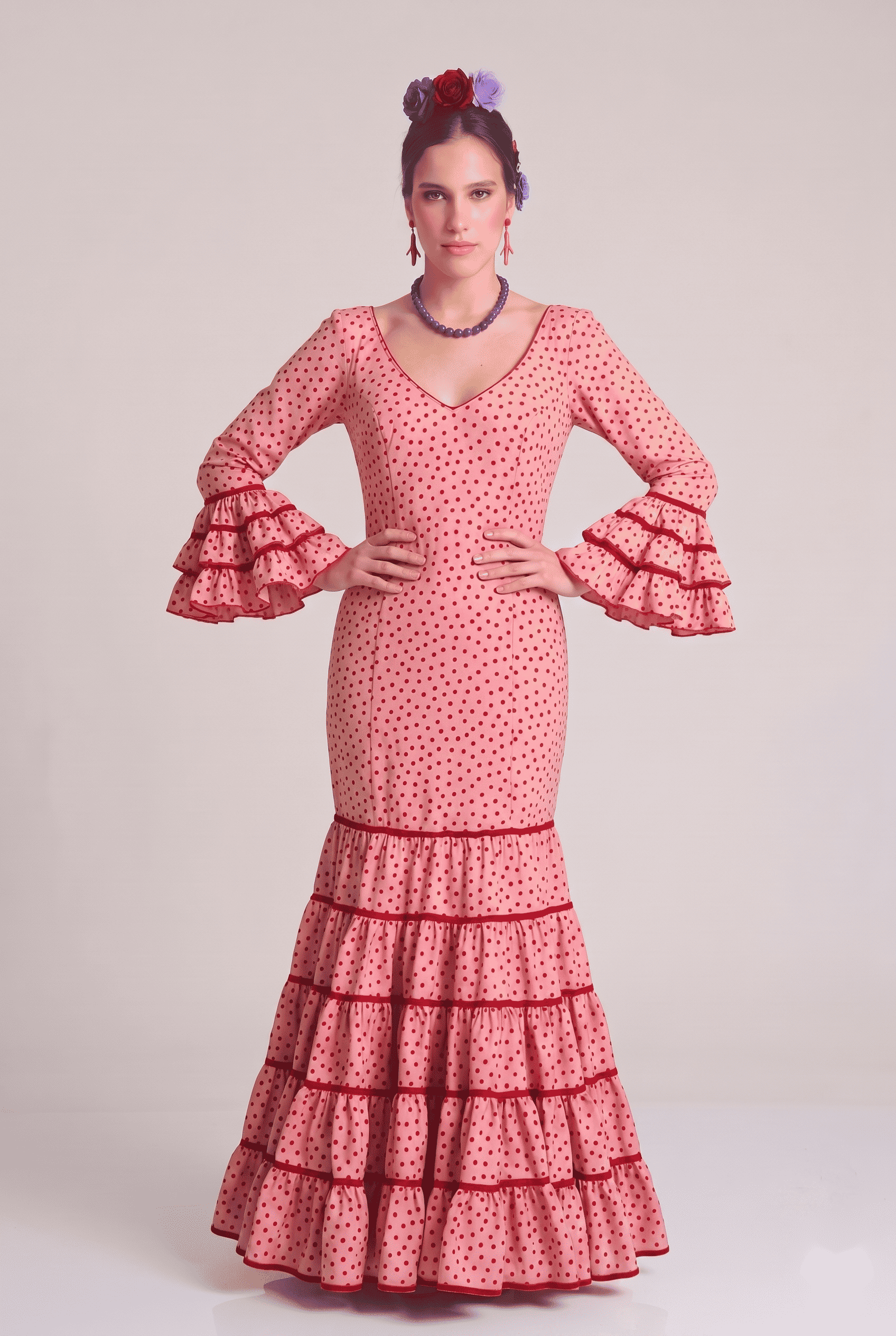 Traje flamenca cordoba rosa lunar granate - Lunares del Este