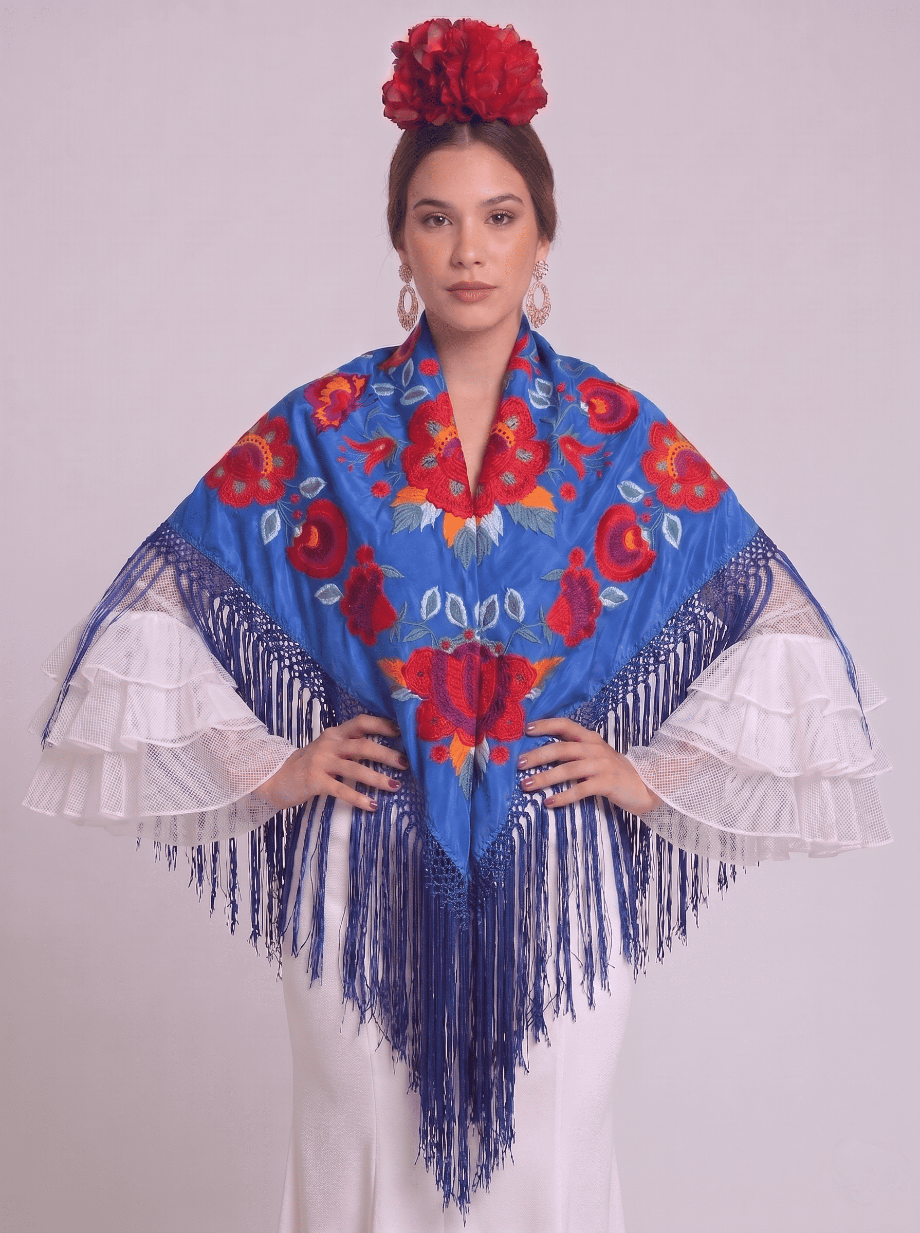 Mantón seda araceli buganvilla bordado rojo - Lunares del Este