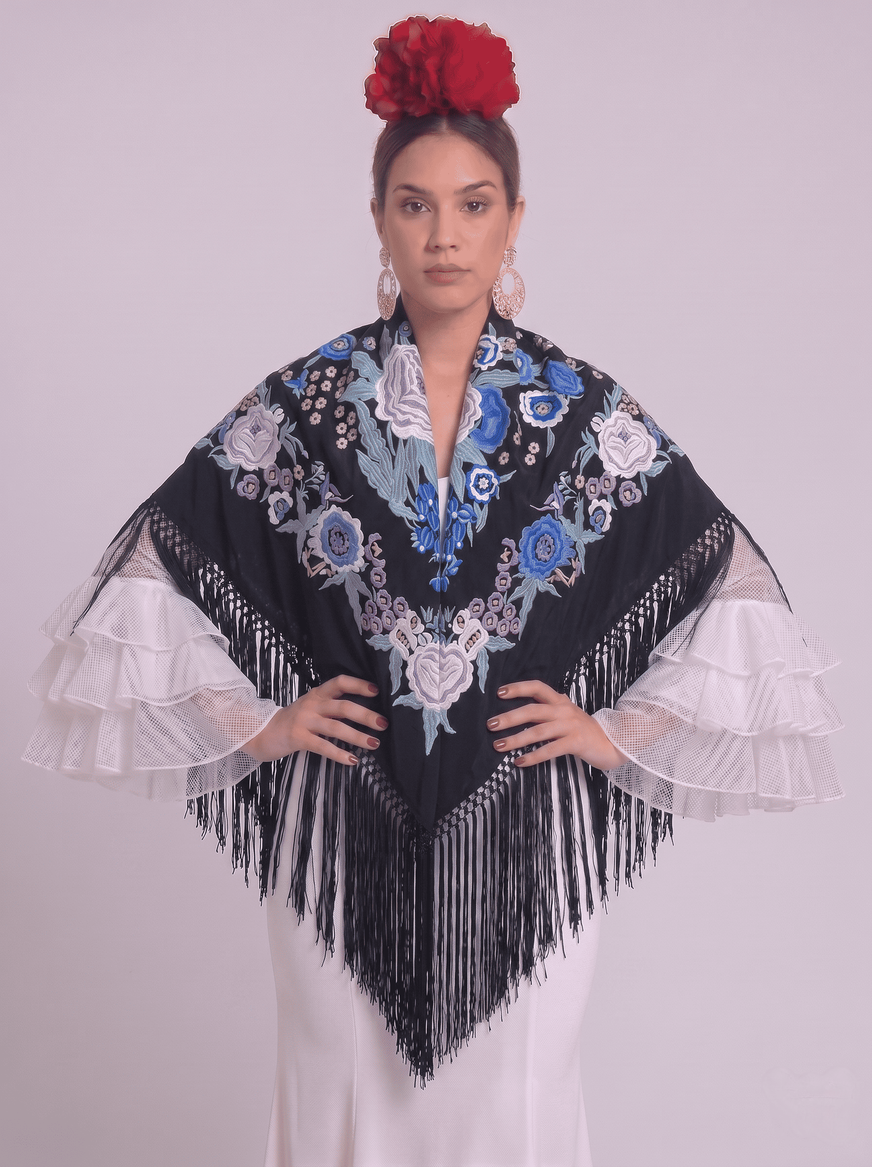 Mantón algodón carla negro bordado lila - Lunares del Este