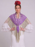 Mantón seda isabel lila bordado beige - Lunares del Este