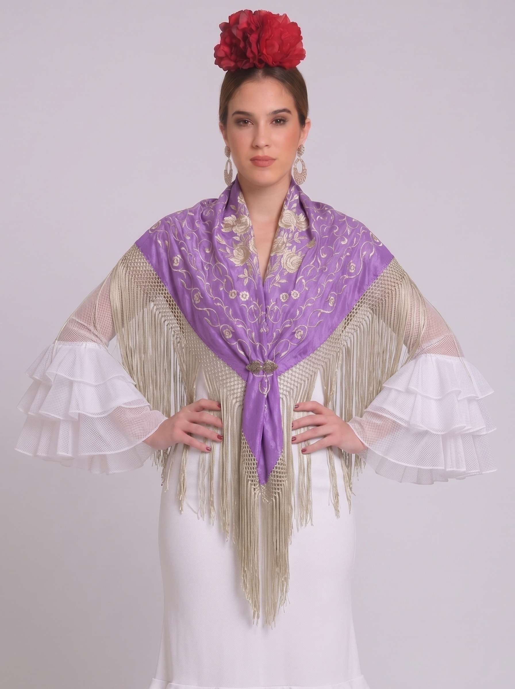 Mantón seda isabel lila bordado beige - Lunares del Este