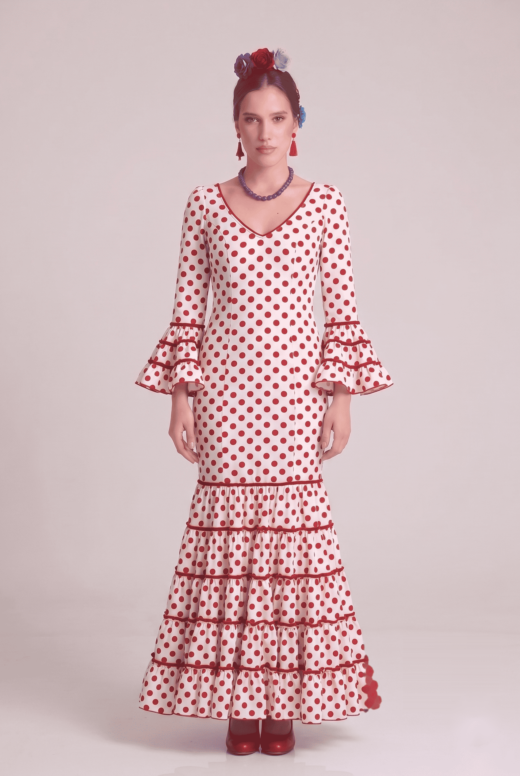 Traje flamenca rosalia blanco lunar rojo - Lunares del Este