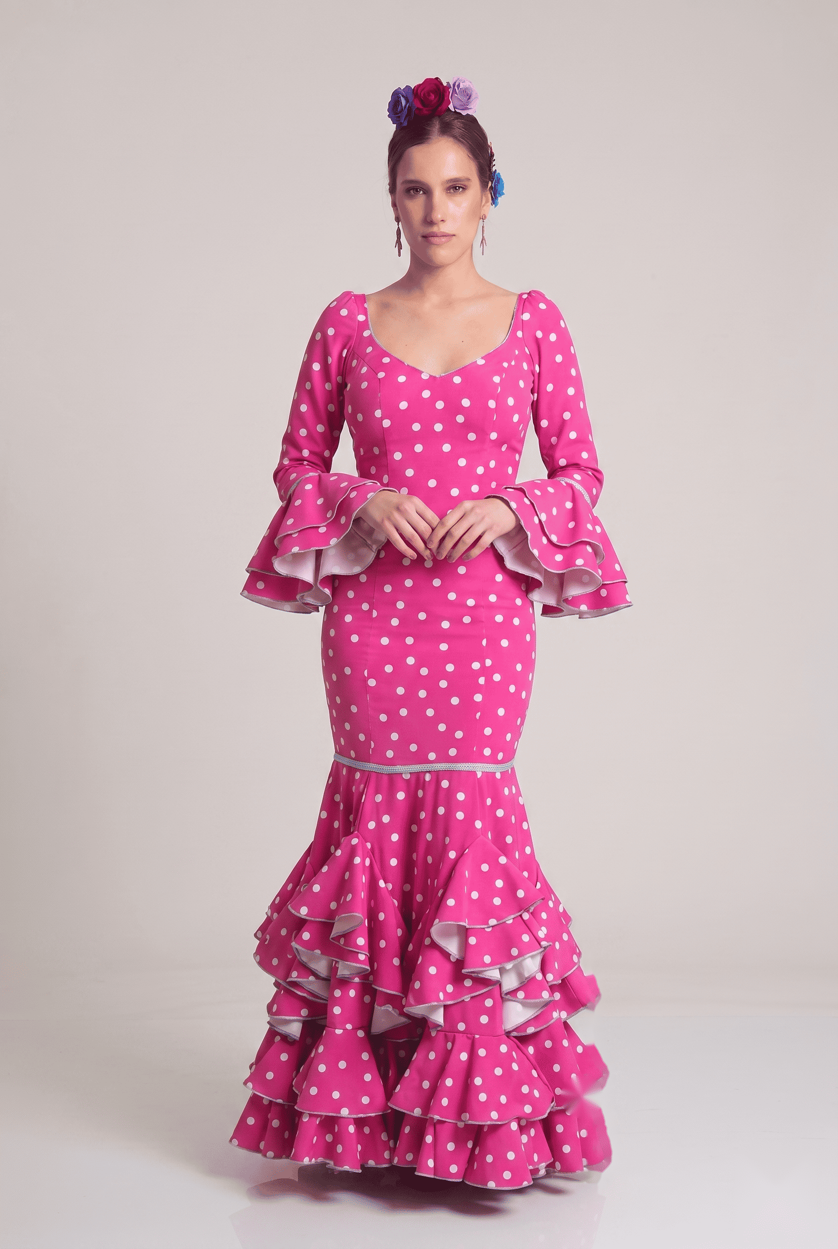 Traje flamenca málaga rosa lunar celeste - Lunares del Este