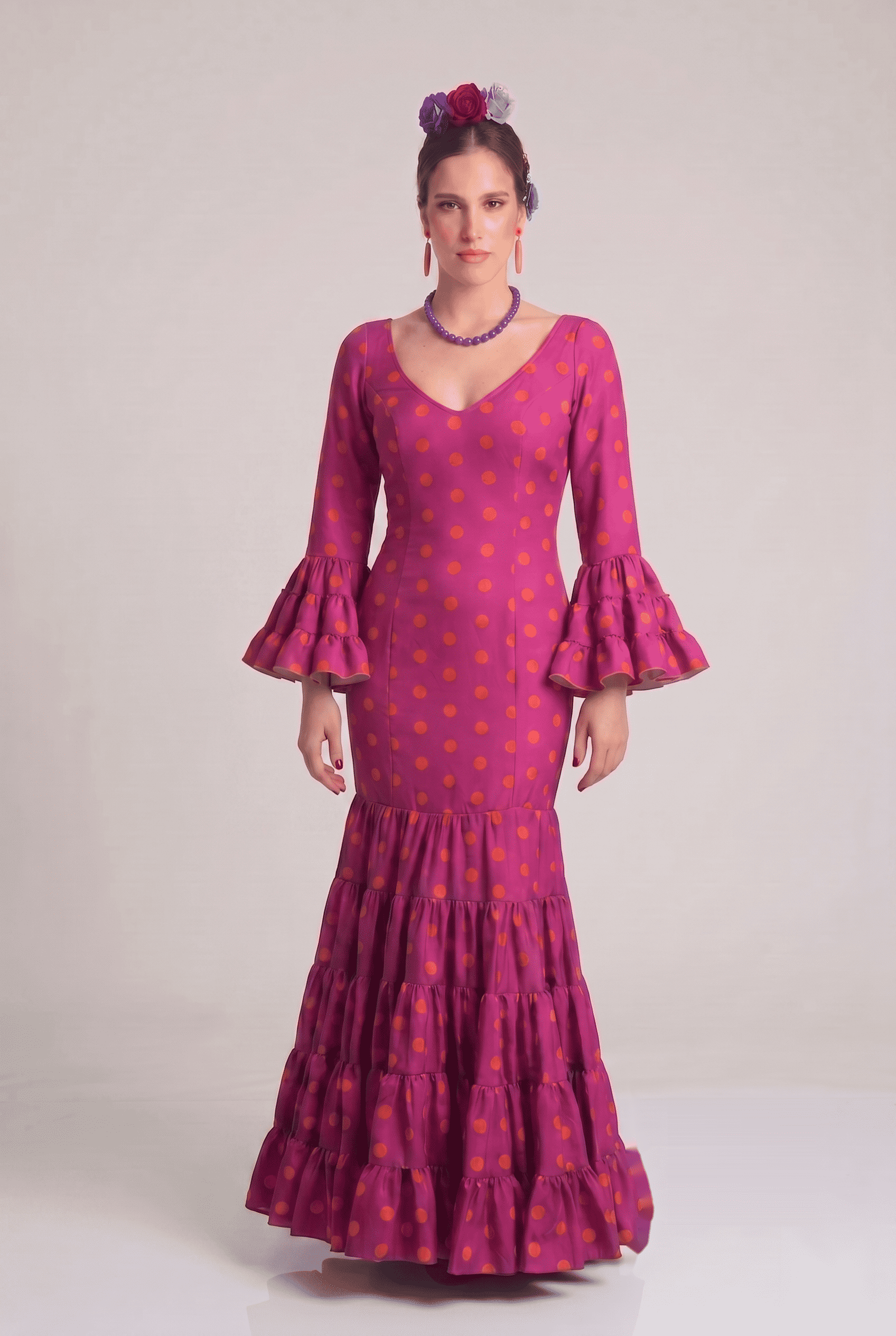 Traje flamenca cordobesa buganvilla lunar naranja - Lunares del Este