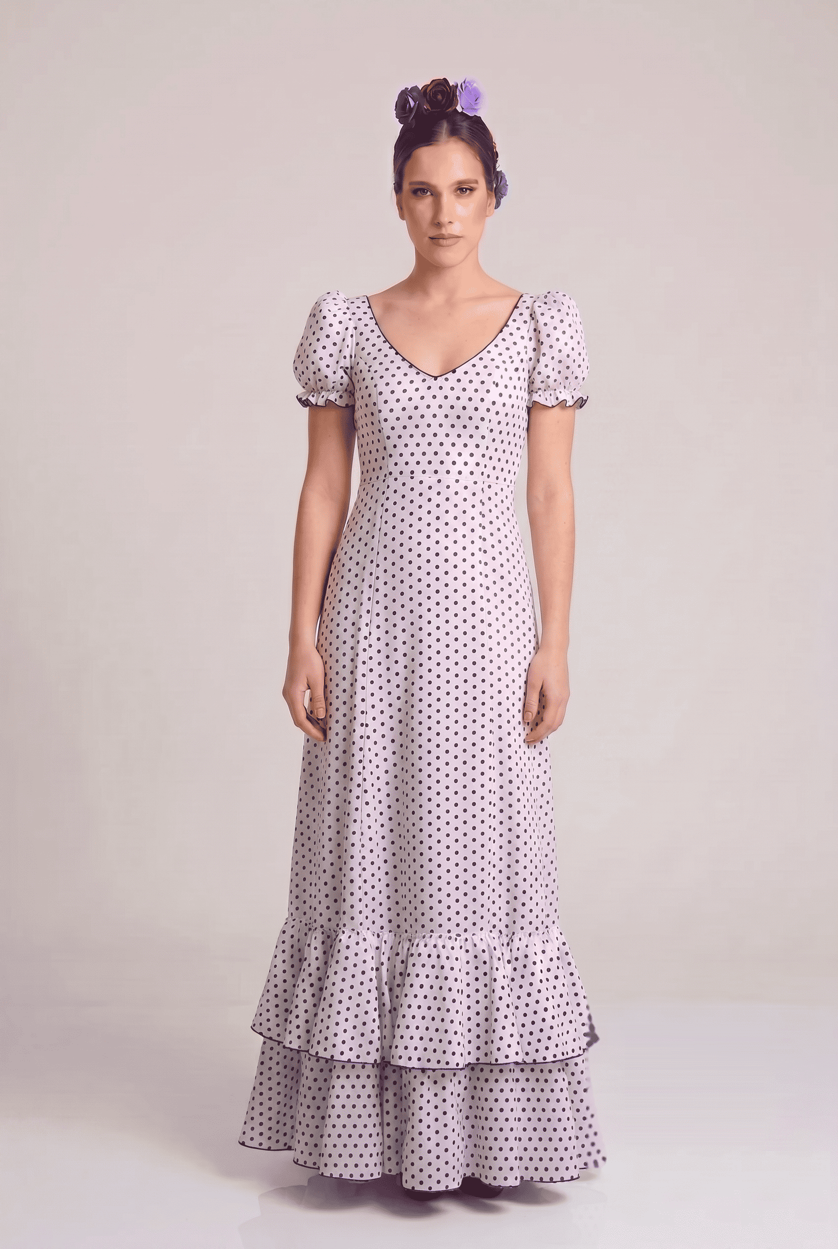 Traje flamenca marina blanco lunar negro - Lunares del Este