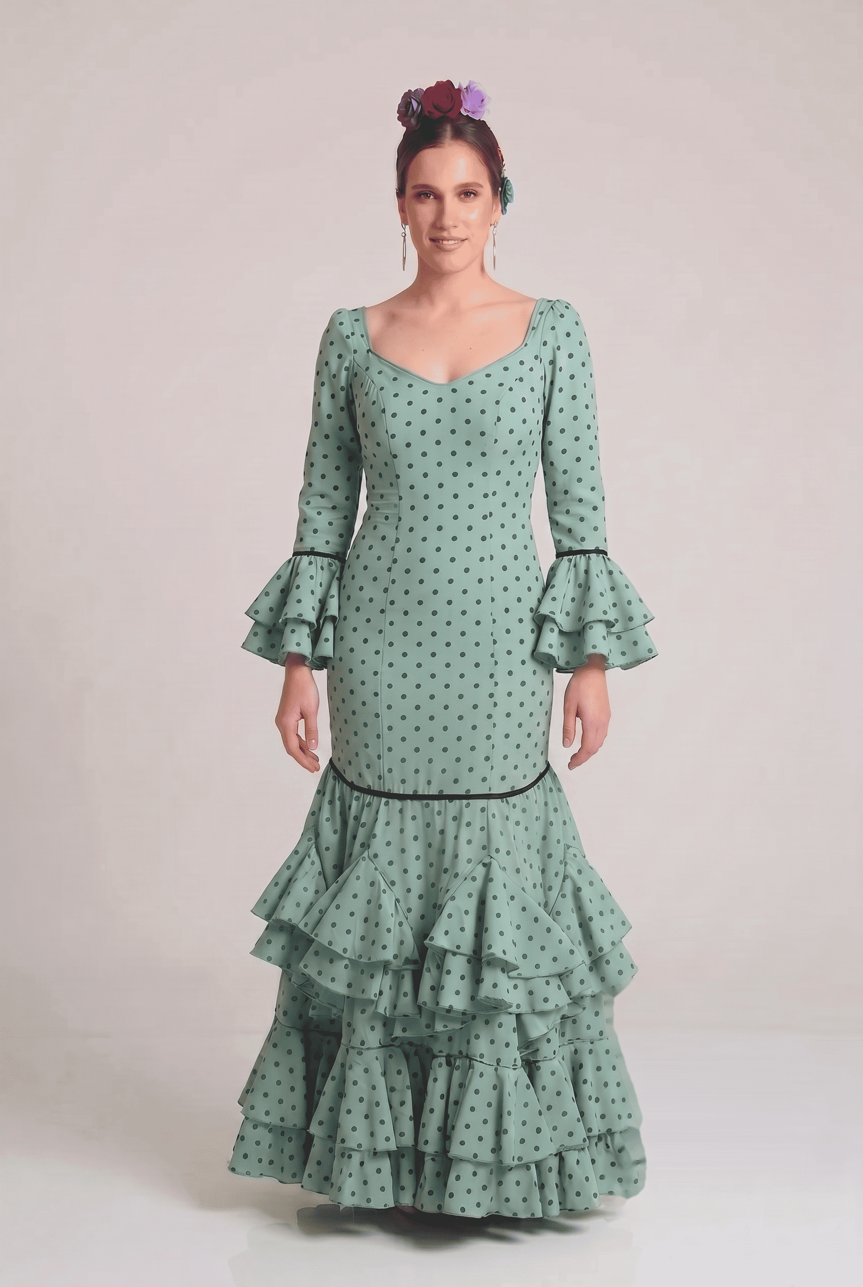 Traje flamenca málaga verde lunar azul - Lunares del Este