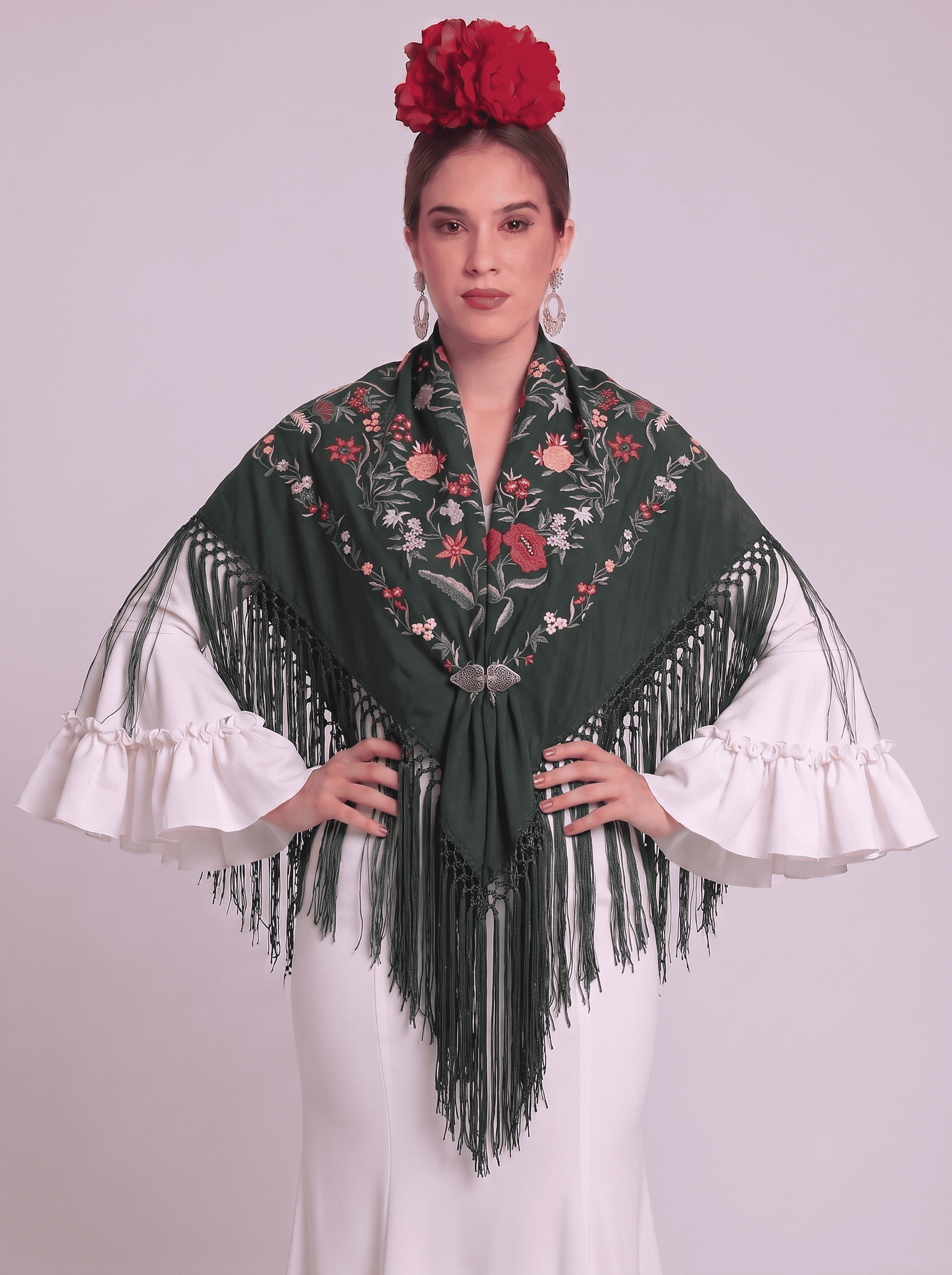 MANTÓN ALGODÓN TRIANA VERDE BOTELLA BORDADO MAQUILLAJE