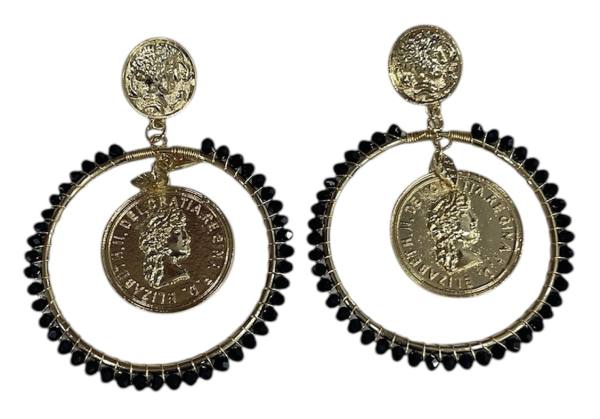 Pendiente aro moneda negro