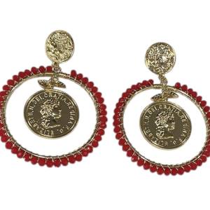 Pendiente aro moneda rojo