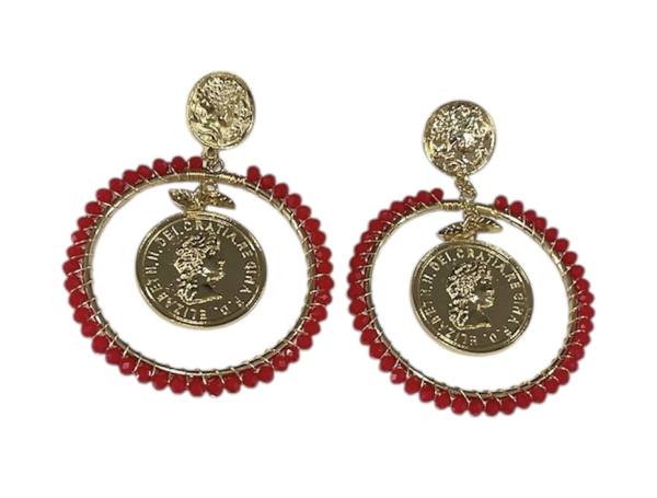 Pendiente aro moneda rojo