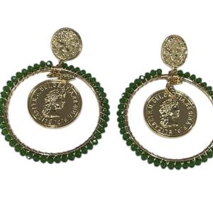 Pendiente aro moneda verde