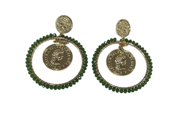 Pendiente aro moneda verde